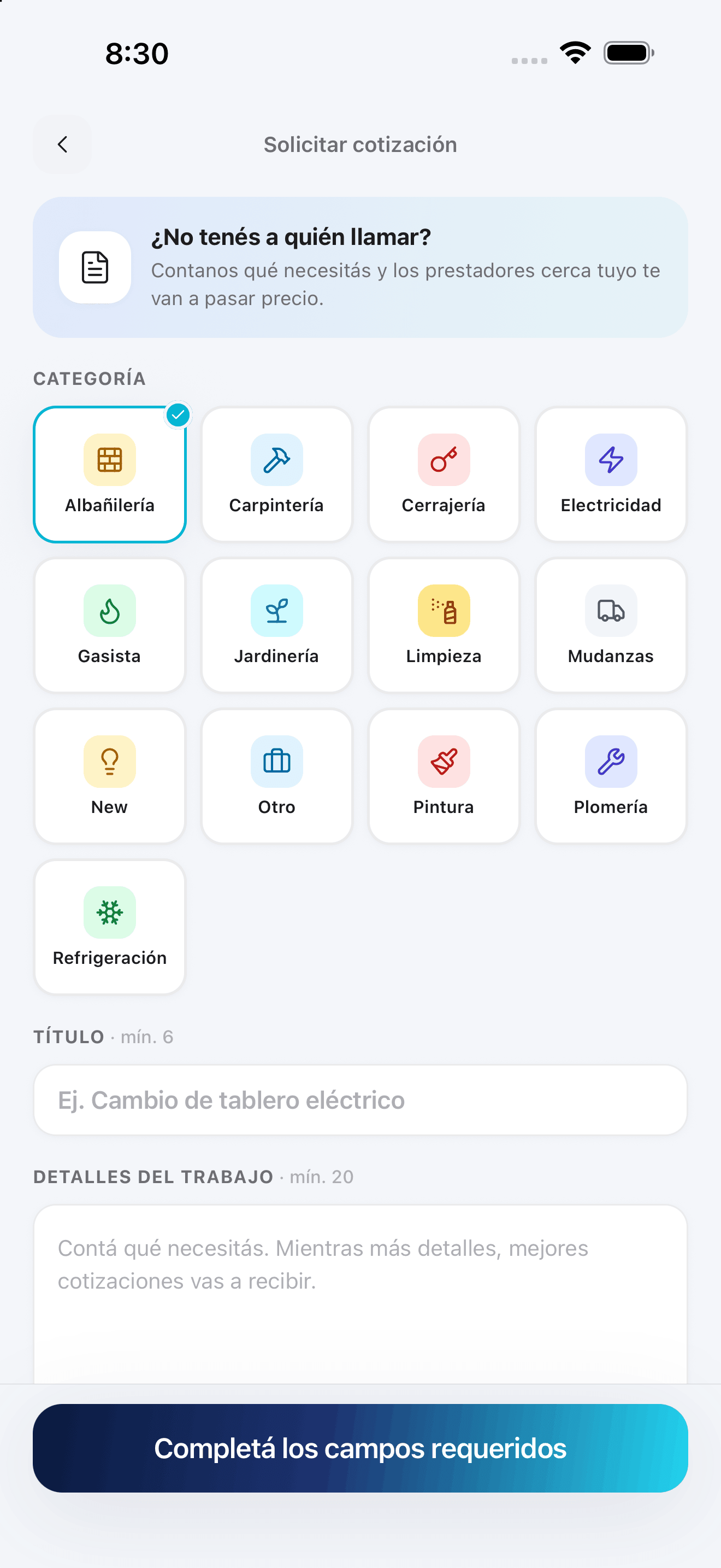 La app: formulario para solicitar una cotización, con la categoría elegida